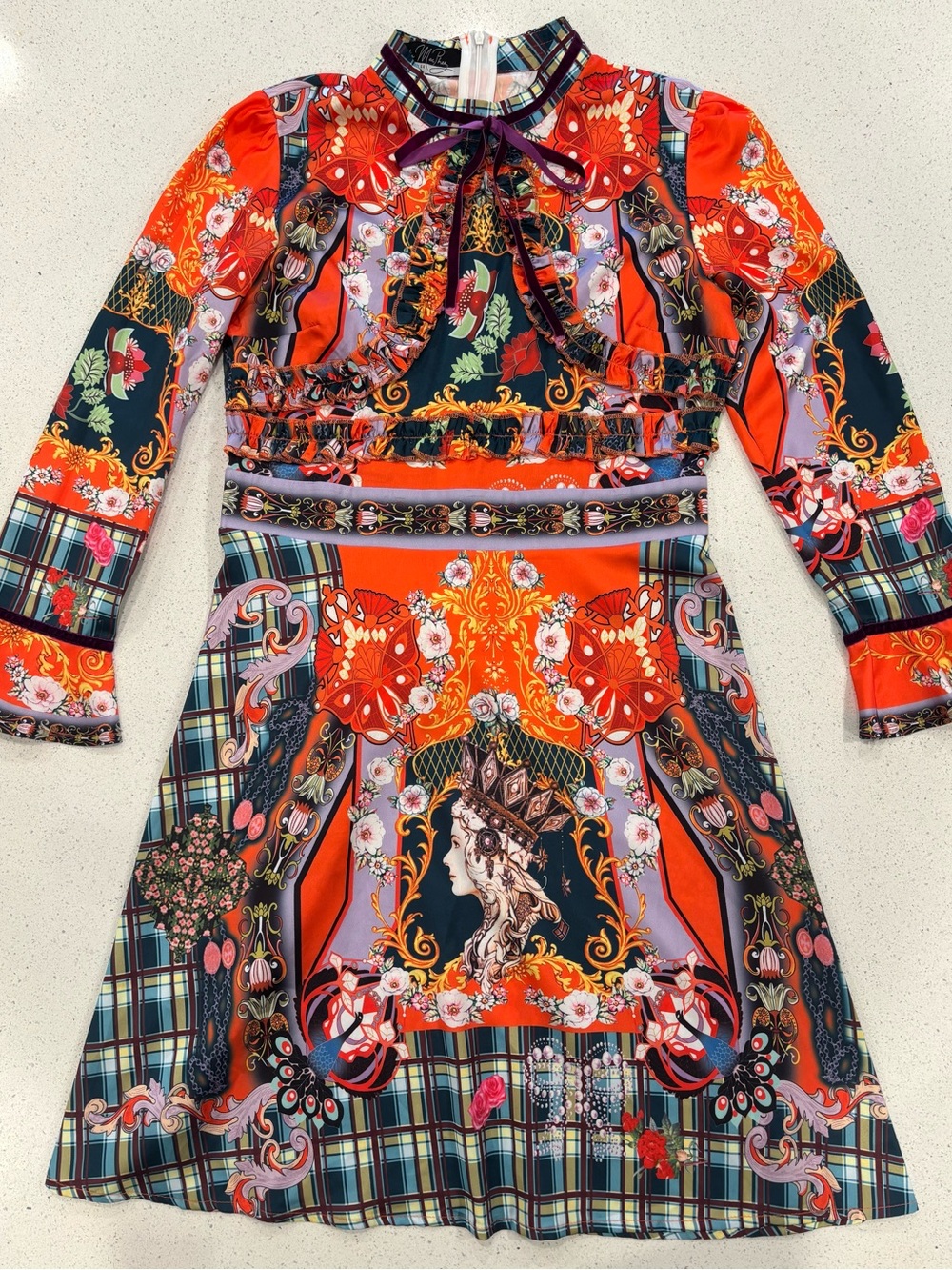 Dalia MacPhee Vibrant Orange & Multi-Print Long Sleeve High Collar Mini Dress M